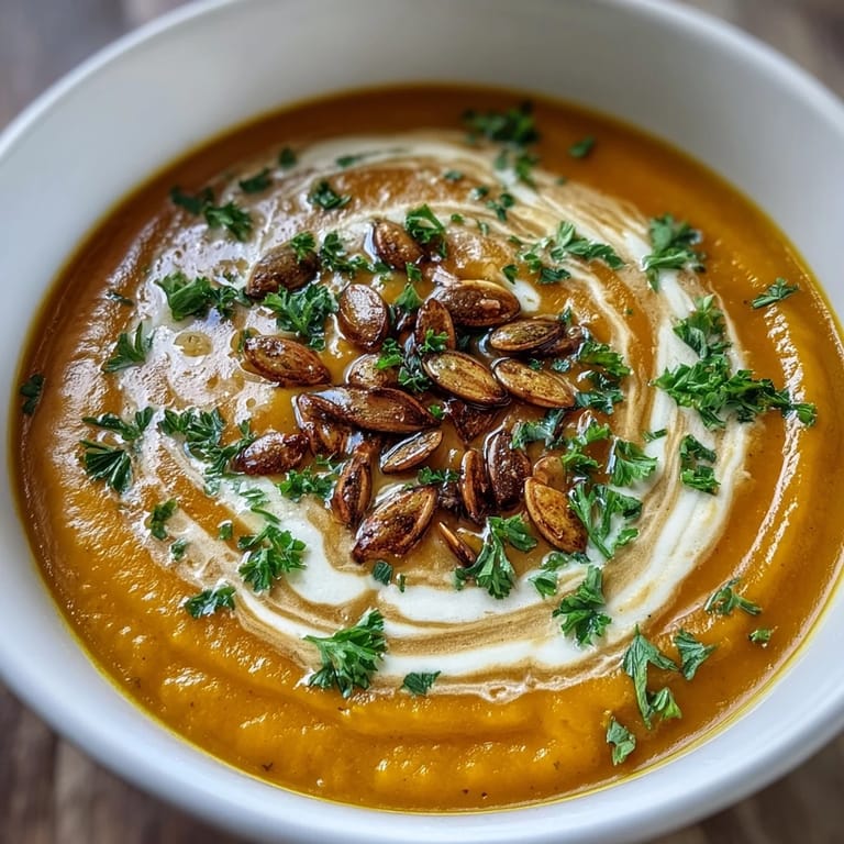 Velvety pumpkin soup garnished with fresh parsley and a drizzle of cream in a cozy setting.