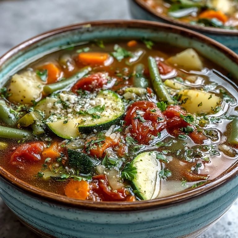 Hearty Italian Herb Vegetable Soup with colorful vegetables, served hot in a white ceramic bowl.