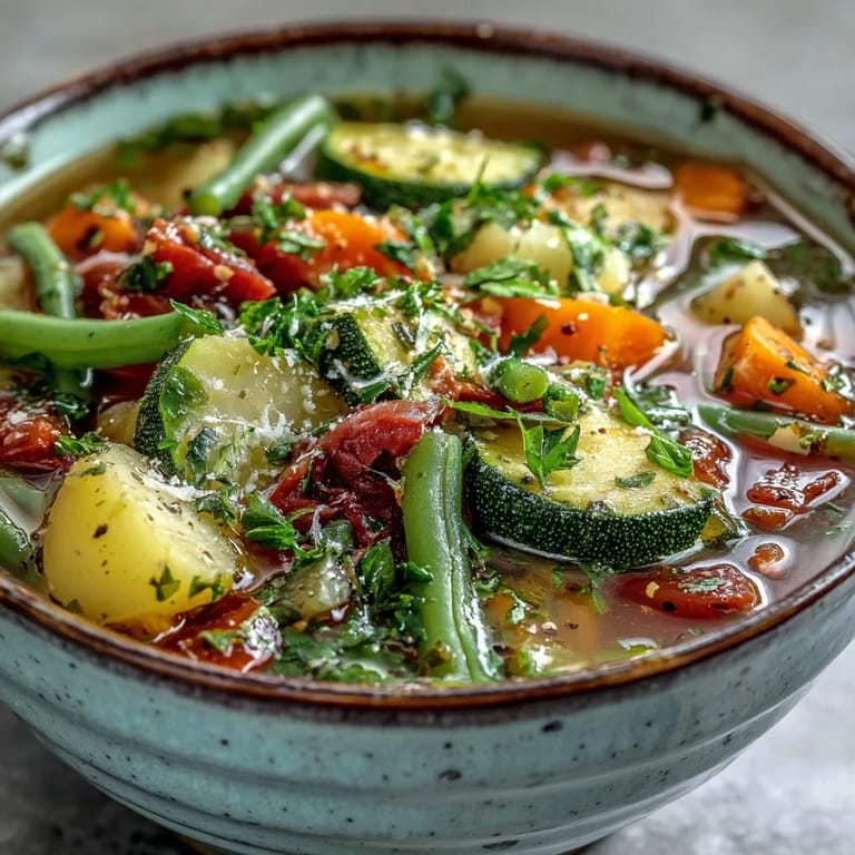 Ladle serving Italian Herb Vegetable Soup from a pot, showcasing carrots, celery, and fresh spinach.