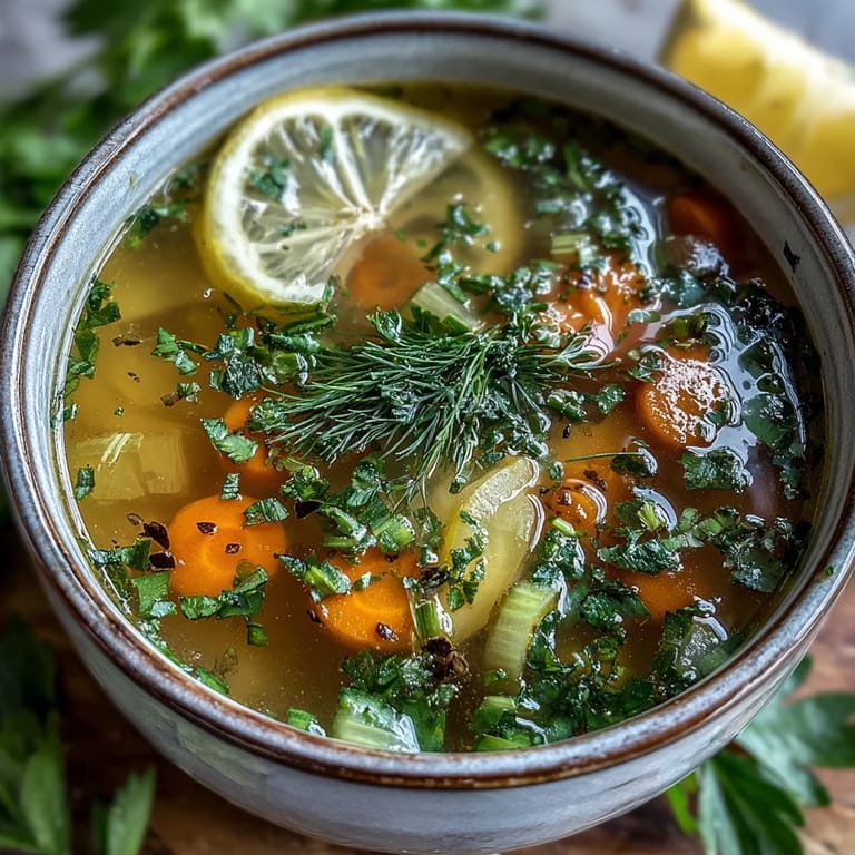 A steaming pot of Lemon Herb Soup with visible dill and chives, served alongside crusty artisan bread for dipping.