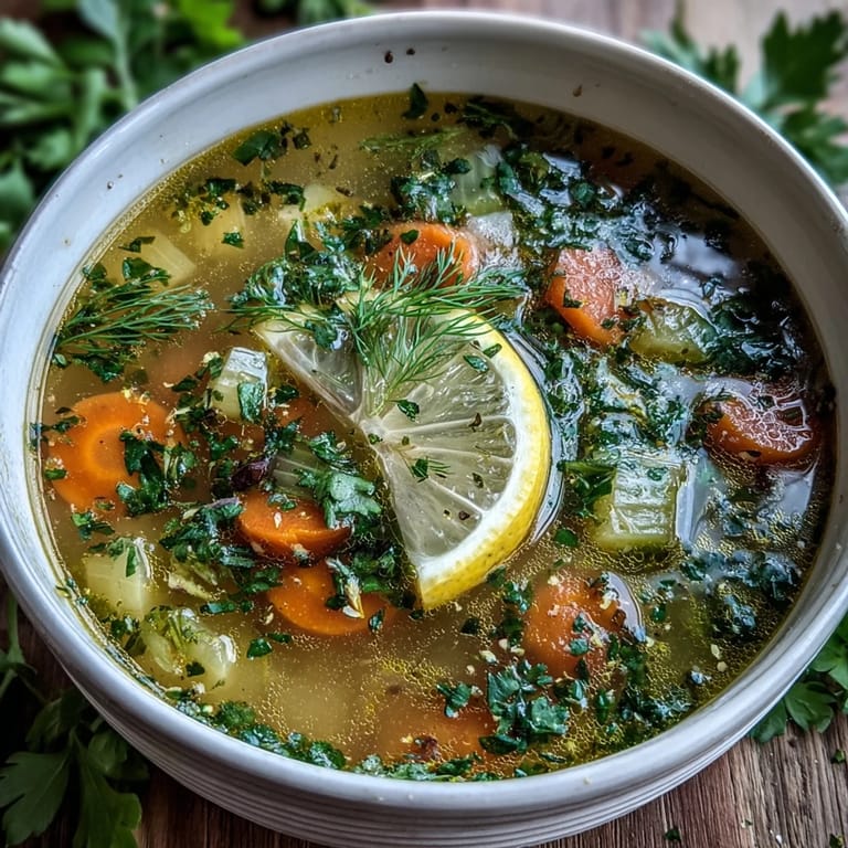 Close-up on a spoon lifting Lemon Herb Soup with rice and vibrant herbs, highlighting its zesty, comforting texture.