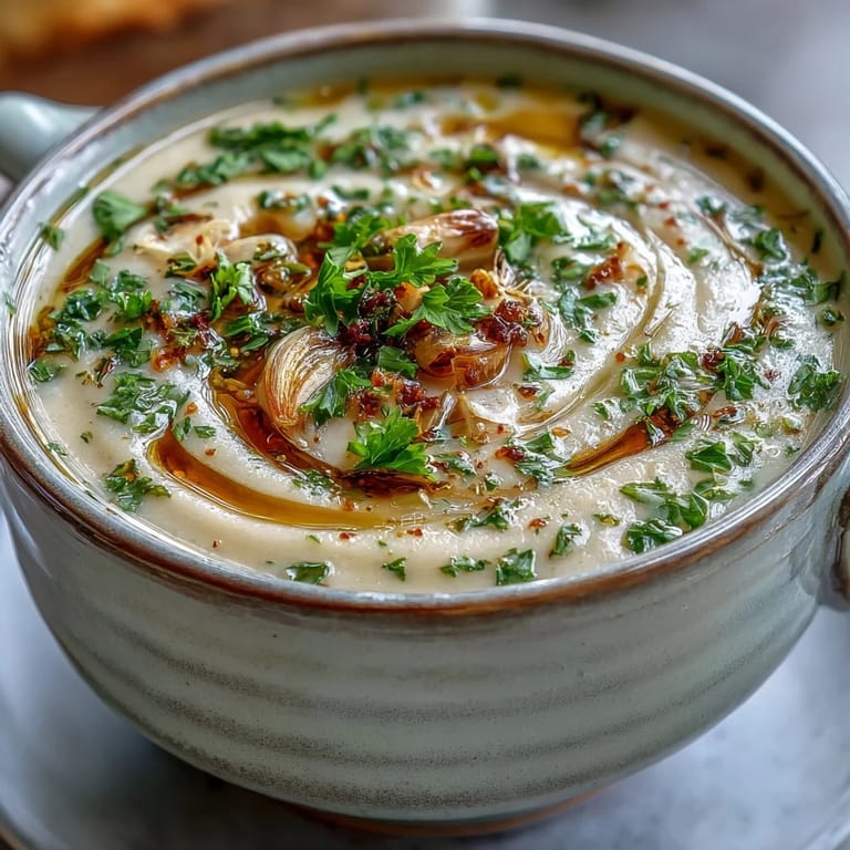 Roasted Garlic and Herb Soup topped with fresh chives and a drizzle of olive oil, ready to be enjoyed with warm, crusty bread.