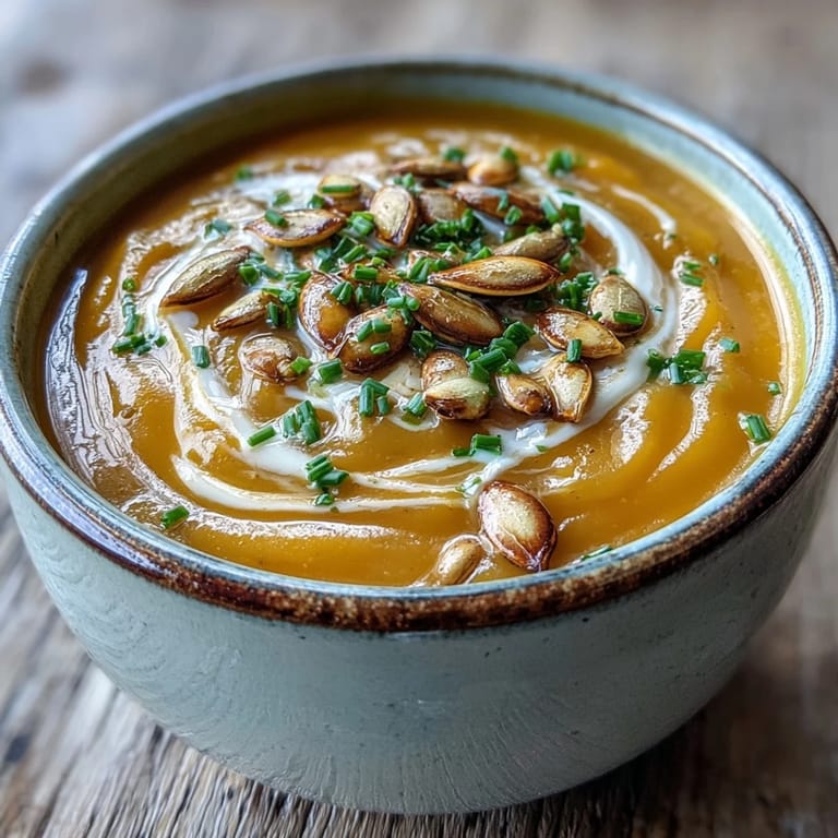 Homemade acorn squash soup with a velvety texture, perfect for a comforting vegetarian dinner.