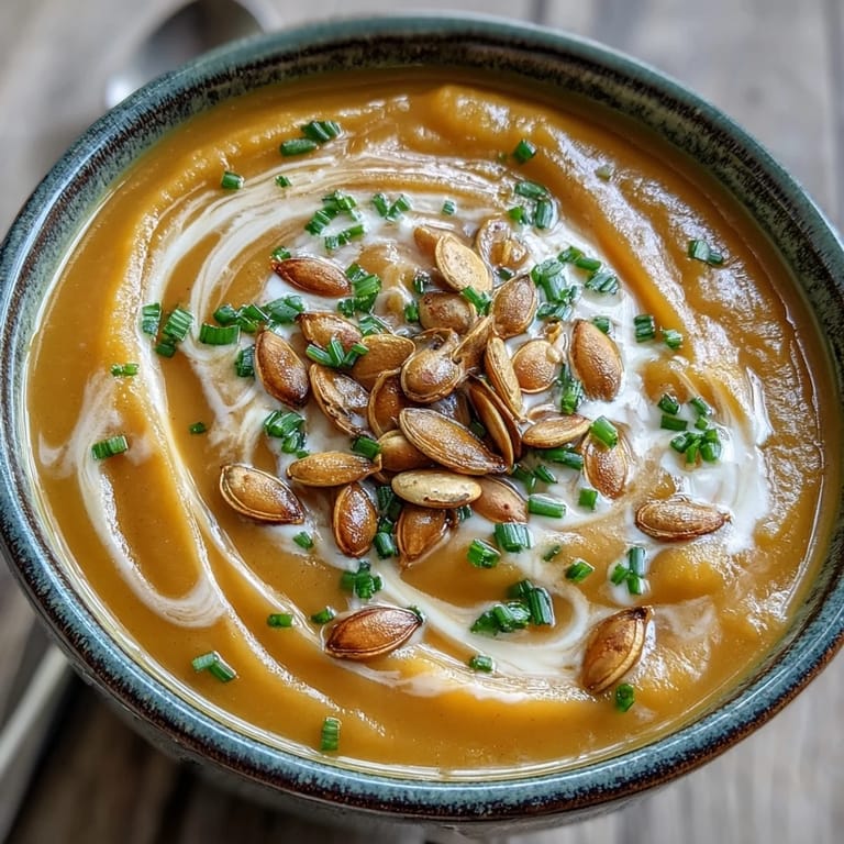 Creamy acorn squash soup in a white bowl, topped with toasted seeds and a swirl of cream.