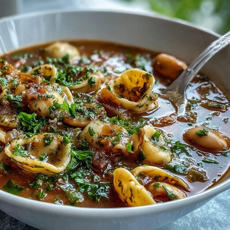 Spaghetti spoon lifting a hearty serving of Vegetable Minestrone Variations from the pot, highlighting the rich, savory broth.