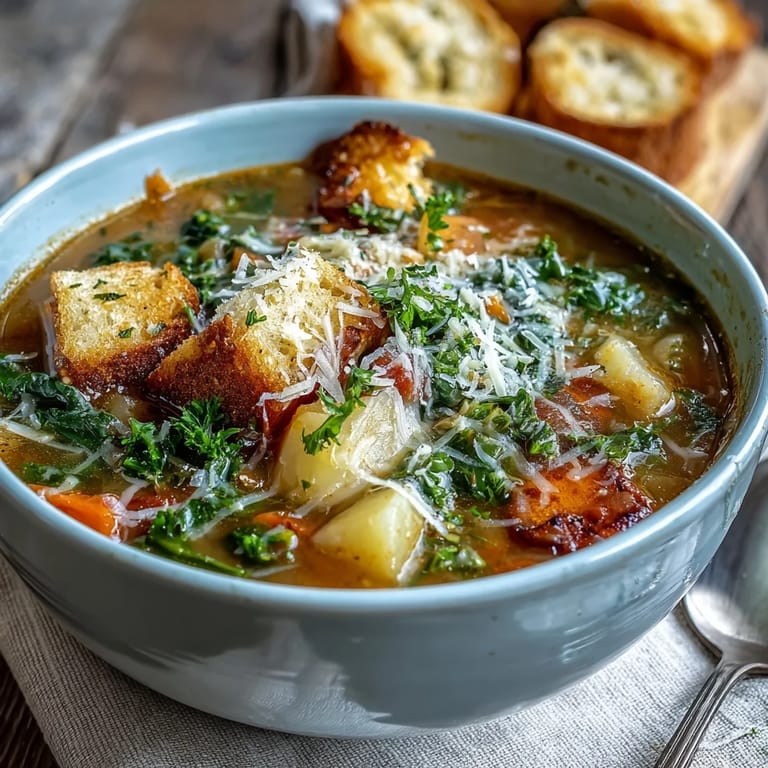 Homemade Parmesan Veggie Soup alongside crusty artisan bread for a cozy vegetarian dinner in the United States.