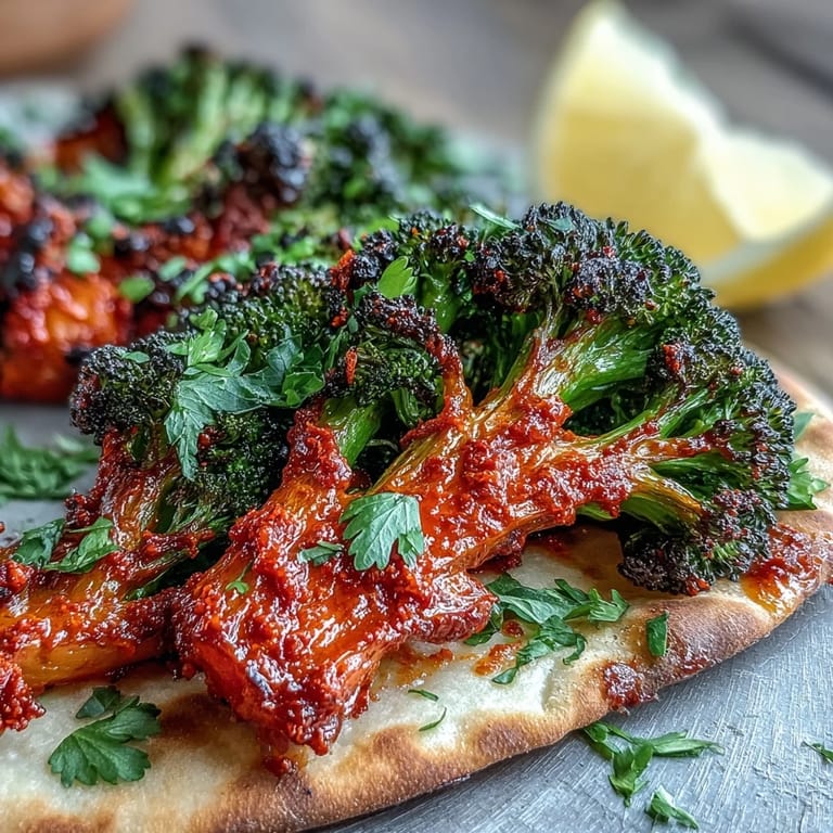 Spicy roasted harissa broccoli on soft flatbreads, garnished with cilantro and Greek yogurt.