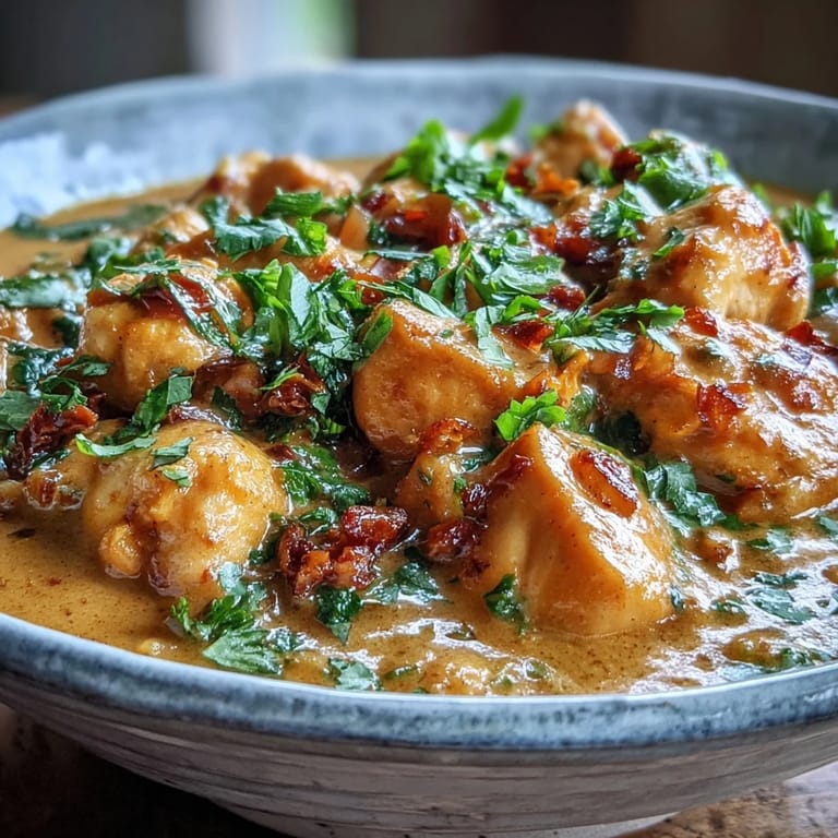 Tender pieces of Easy Chicken Curry coated in a rich golden sauce, garnished with fresh cilantro and served alongside warm naan bread.