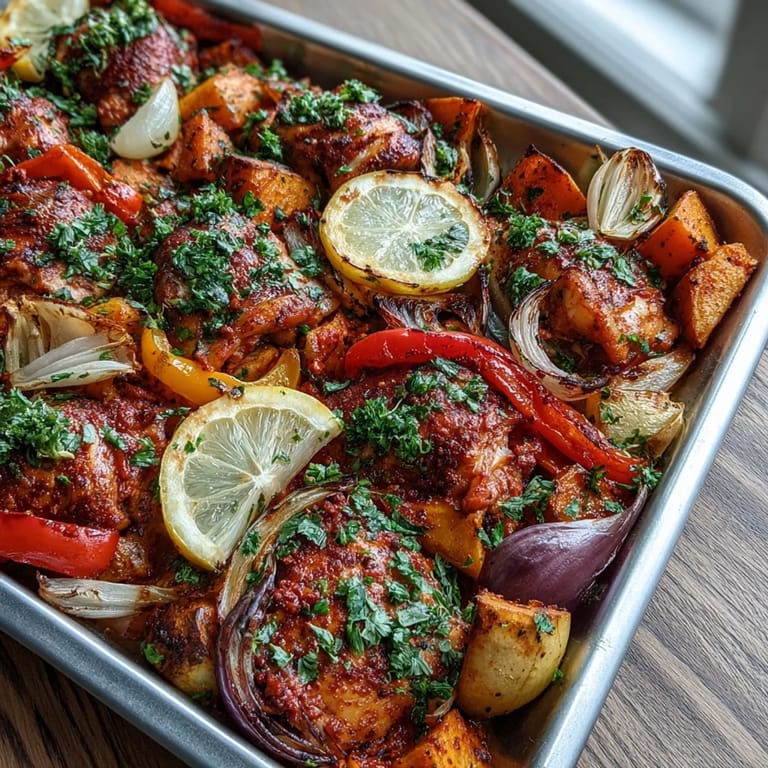 Crispy-skinned chicken, tender roasted vegetables, and bright cherry tomatoes create a vibrant, gluten-free Mediterranean-inspired Chicken and Sweet Potato Traybake.
