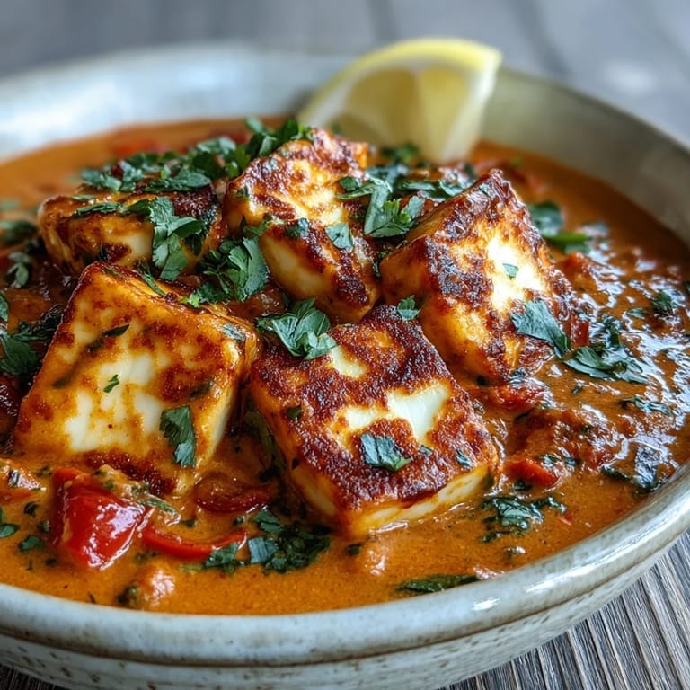 Sizzling halloumi and vibrant red bell pepper simmer in a silky tomato-coconut sauce, perfect for serving over fluffy basmati rice.  