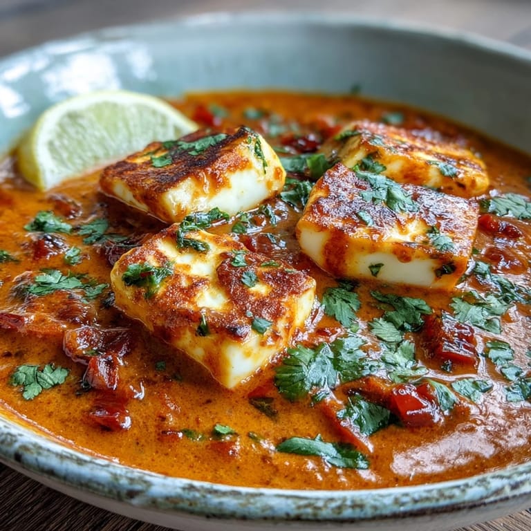 Family-friendly Creamy Halloumi and Tomato Curry in a skillet, topped with cilantro and lemon wedges for a bright, tangy finish.