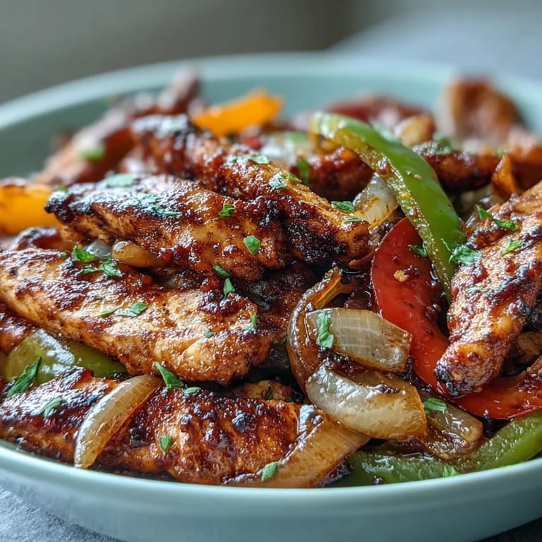 A close-up of Easy Chicken Fajitas, featuring tender seasoned chicken and vibrant veggies ready for the skillet.  