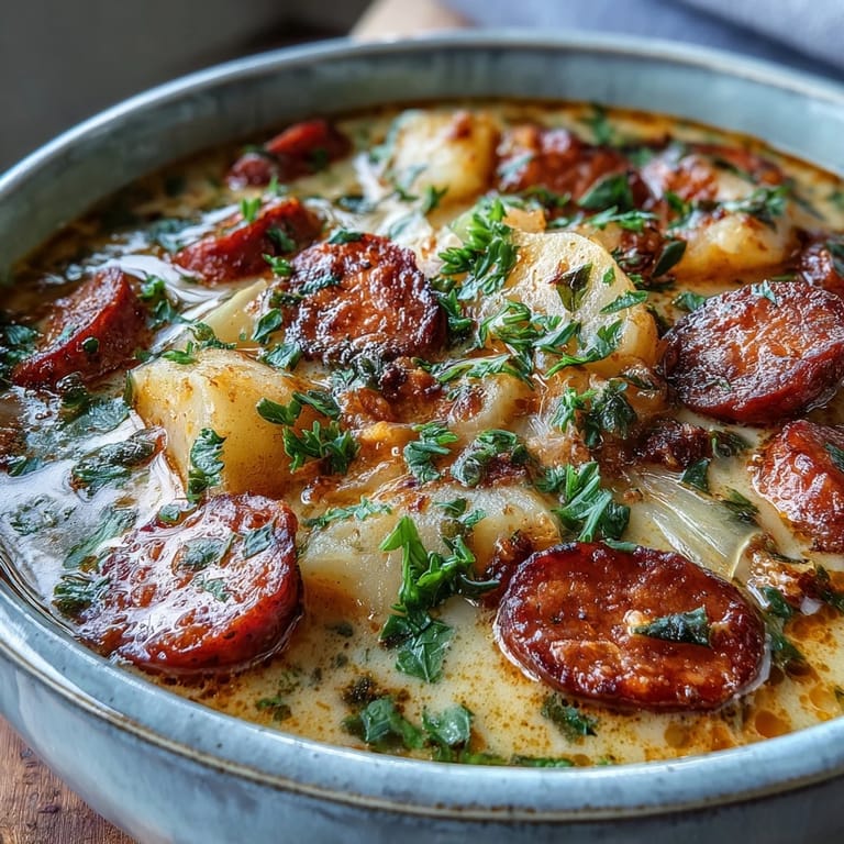 A bowl of rustic potato, leek and chorizo soup served beside crusty bread for dipping on a wooden table.