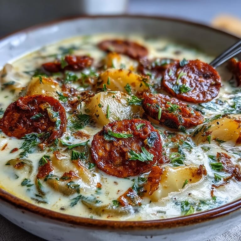 Steaming potato, leek and chorizo soup ladled into a white bowl, showing creamy texture and smoky chorizo bits.