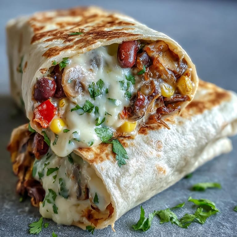 Close-up of a Veggie Burrito cut in half, revealing steaming beans, melted cheese, and vibrant sautéed vegetables inside.