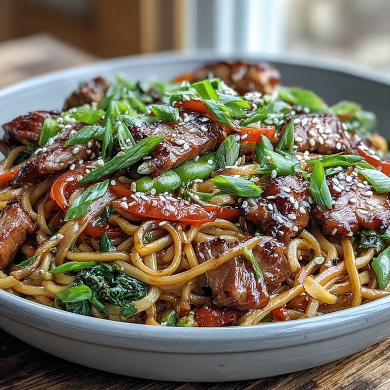 Tossing freshly cooked Pork Noodle Stir-Fry in a wok with savory sauce and garnishes.