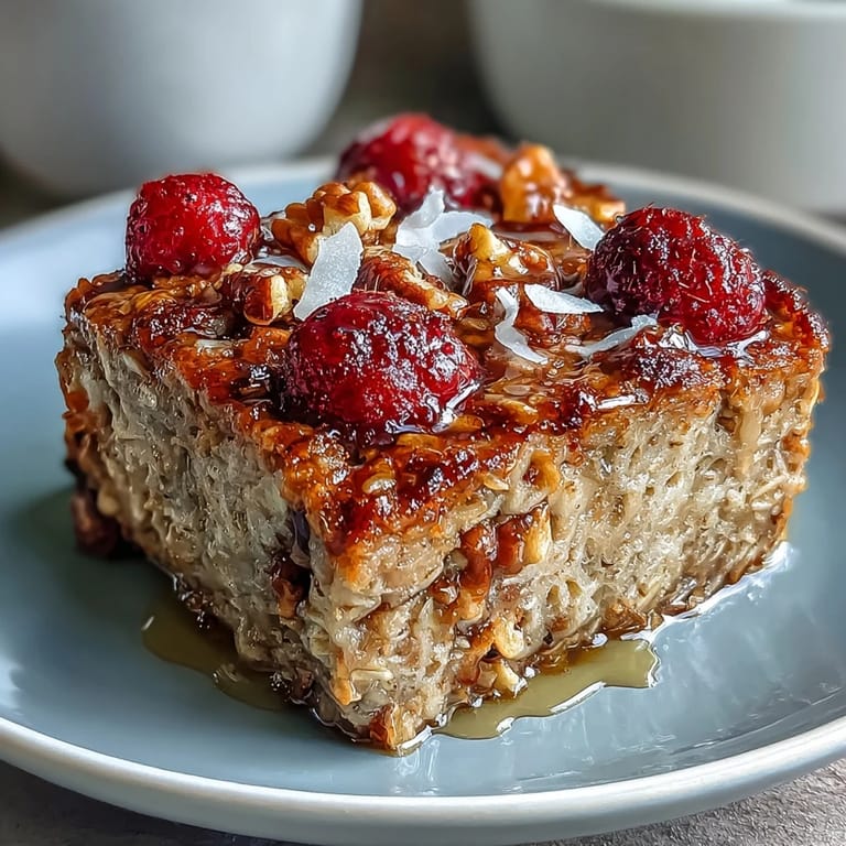A close-up of a slice of baked oatmeal with raspberry and coconut, revealing juicy berries and toasted coconut flakes on top.  