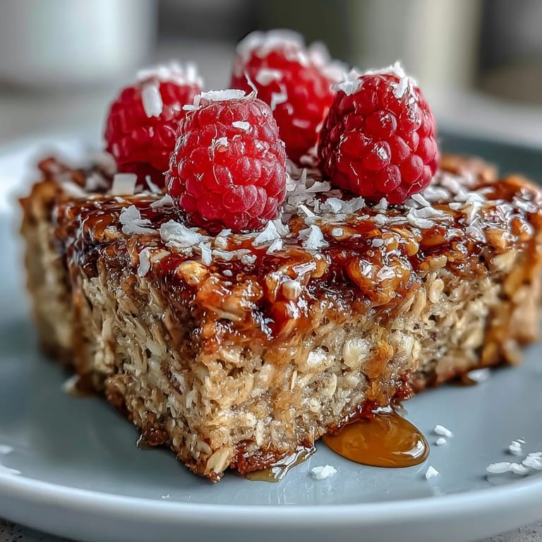 Freshly baked oatmeal with raspberry and coconut, served warm on a wooden board for a cozy plant-based breakfast.