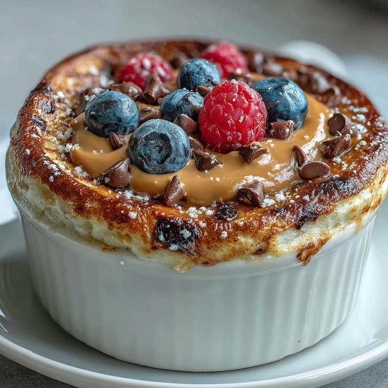 Healthy high-protein breakfast bowl featuring a single-serve baked pancake, drizzled with maple syrup.
