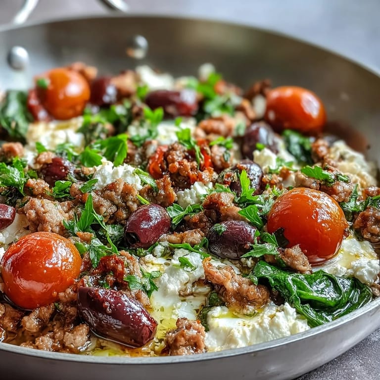 A steaming Mediterranean Keto Ground Chicken Skillet with Olives and Feta features Kalamata olives and cherry tomatoes, perfect over baby spinach for a low-carb weeknight dinner.
