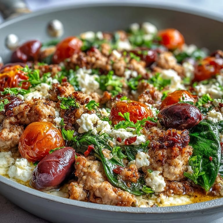 Close-up of Mediterranean Keto Ground Chicken Skillet with Olives and Feta showing juicy ground chicken, briny olives, and creamy feta beside a bowl of cauliflower rice.