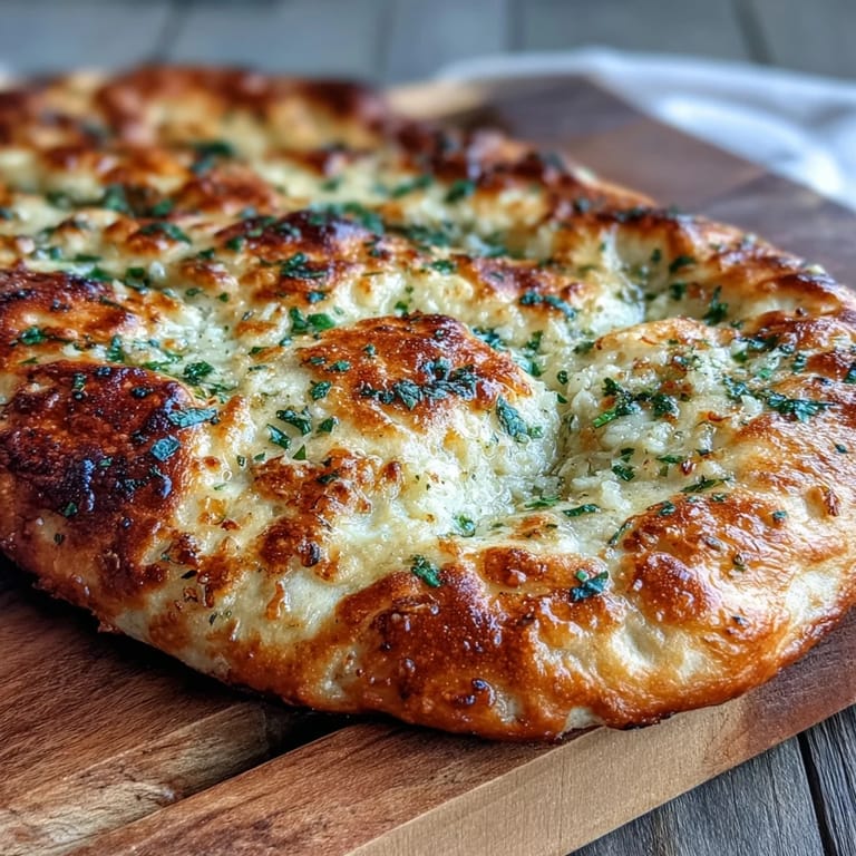 Freshly baked Easy Garlic Naan Bread topped with minced garlic and herbs, ready for dipping in curry. 