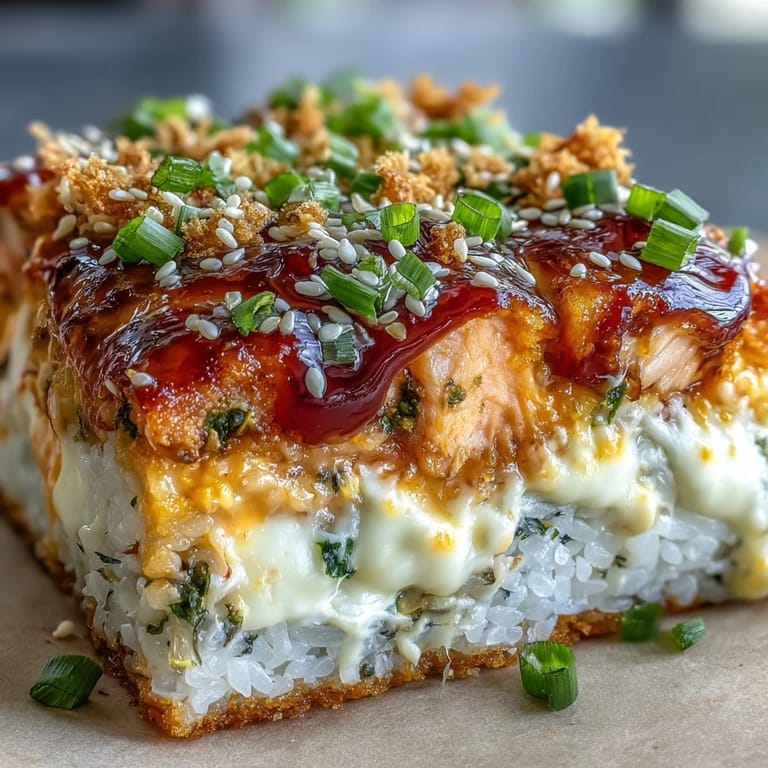 Layered casserole dish of seasoned sushi rice, spicy baked salmon, and savory toppings served with seaweed snacks.