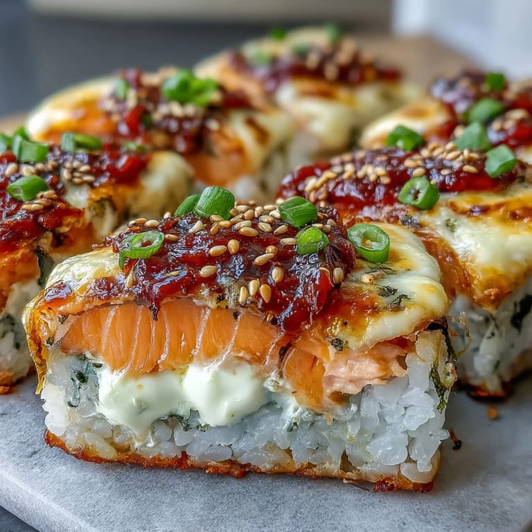 Warm Japanese-American Spicy Salmon Sushi Bake fresh from the oven, garnished with sesame seeds and green onions.