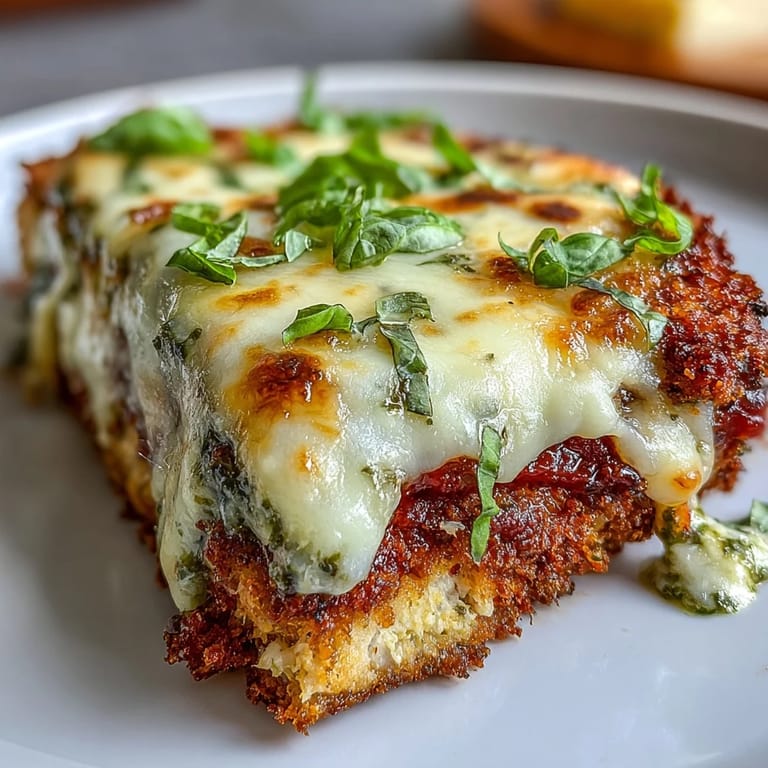 Served alongside pasta and garlic bread, this Pesto Chicken Parmesan offers a flavorful weeknight dinner.