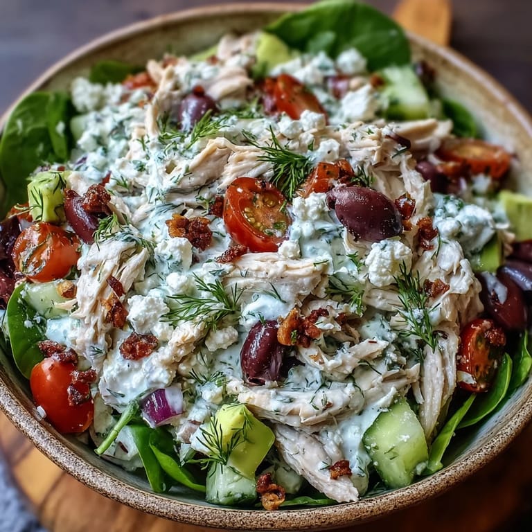 Chilled Tzatziki Chicken Salad in a clear glass bowl with red onion and avocado, garnished with dill for a refreshing Mediterranean-inspired lunch.