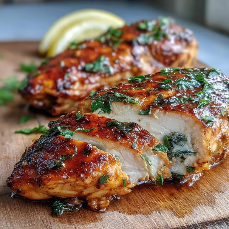Plated Oven Baked Chicken Breast garnished with fresh parsley and lemon slices for a bright finish.