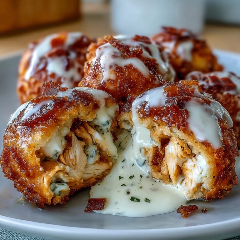Homemade Buffalo Chicken Bacon Mozzarella Bombs fried to perfection, arranged beside a small bowl of ranch dipping sauce.