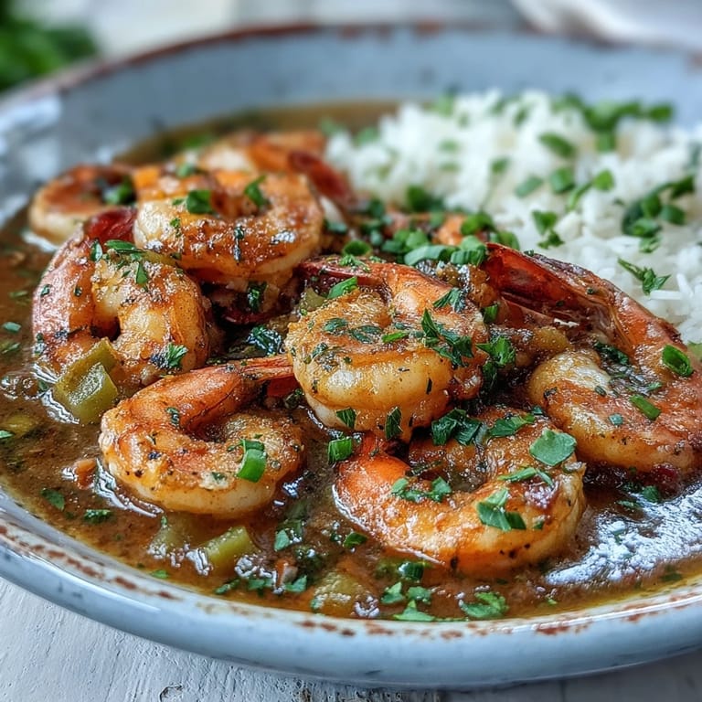 A rustic cast-iron pot filled with Classic New Orleans Étouffée, featuring a rich, dark roux, tender shrimp, and the holy trinity of vegetables. A perfect Cajun-Creole main course ready to be served over rice.