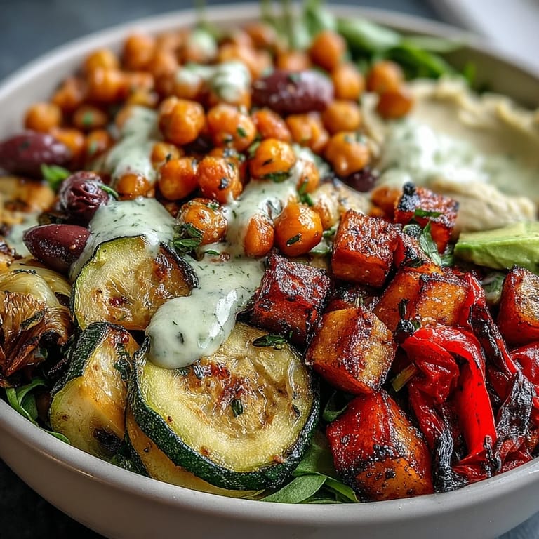 Tahini dressing is drizzled over a colorful Vegan Mediterranean Buddha Bowl, featuring roasted eggplant, zucchini, chickpeas, and fresh avocado slices.