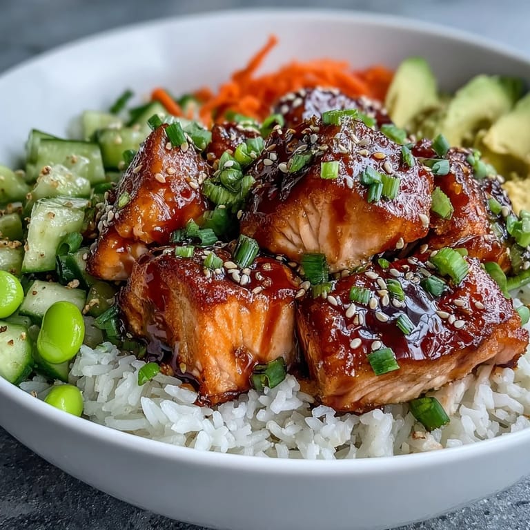 Serving suggestion for a Baked Salmon Rice Bowl with steamed rice, edamame, shredded carrots, and lime wedges for a zesty finish.