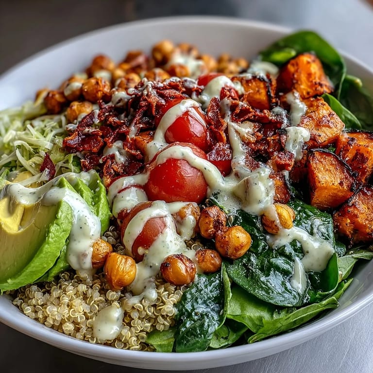 The Buddha Bowl with Quinoa, Roasted Sweet Potatoes, Crispy Chickpeas, Fresh Veggies & Garlic Tahini Dressing offers colorful layers of fresh, wholesome ingredients.