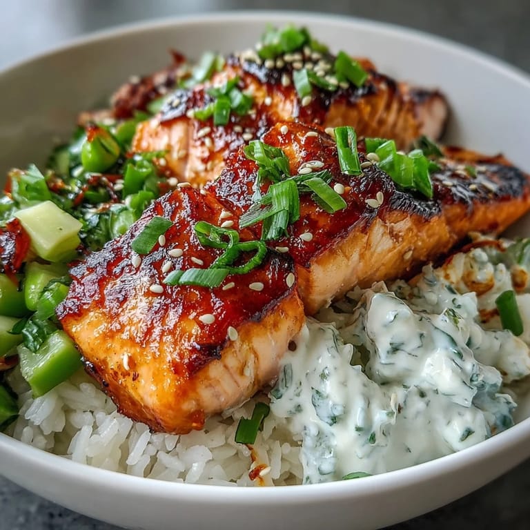 Assembled Bang Bang Salmon Bowl featuring tender salmon, colorful salsa, and generous drizzles of spicy bang bang sauce, garnished with fresh herbs and toasted sesame seeds.
