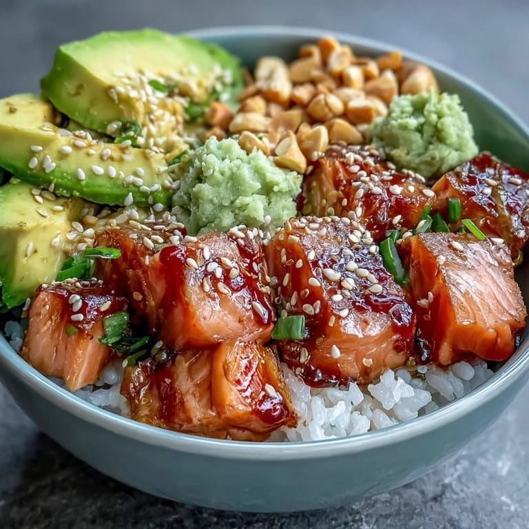 A finished Avocado Salmon Bowl features seasoned sushi rice topped with tender salmon, sliced avocado, and a dollop of wasabi paste.