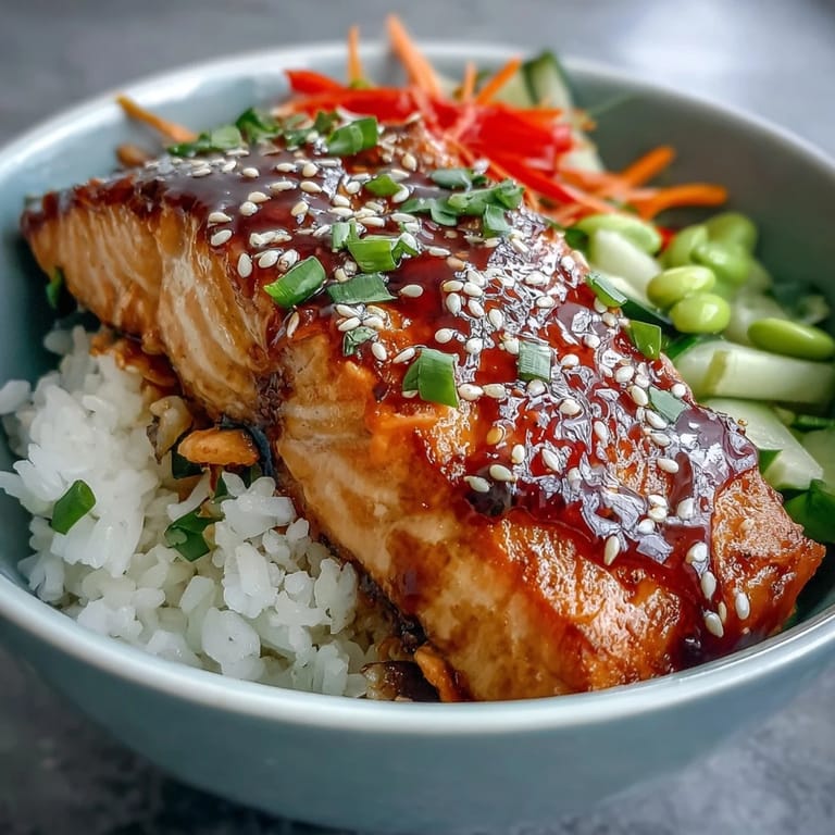 A vibrant Asian-Inspired Salmon Bowl featuring baked salmon, fluffy rice, colorful vegetables, and drizzled glaze on a plate.