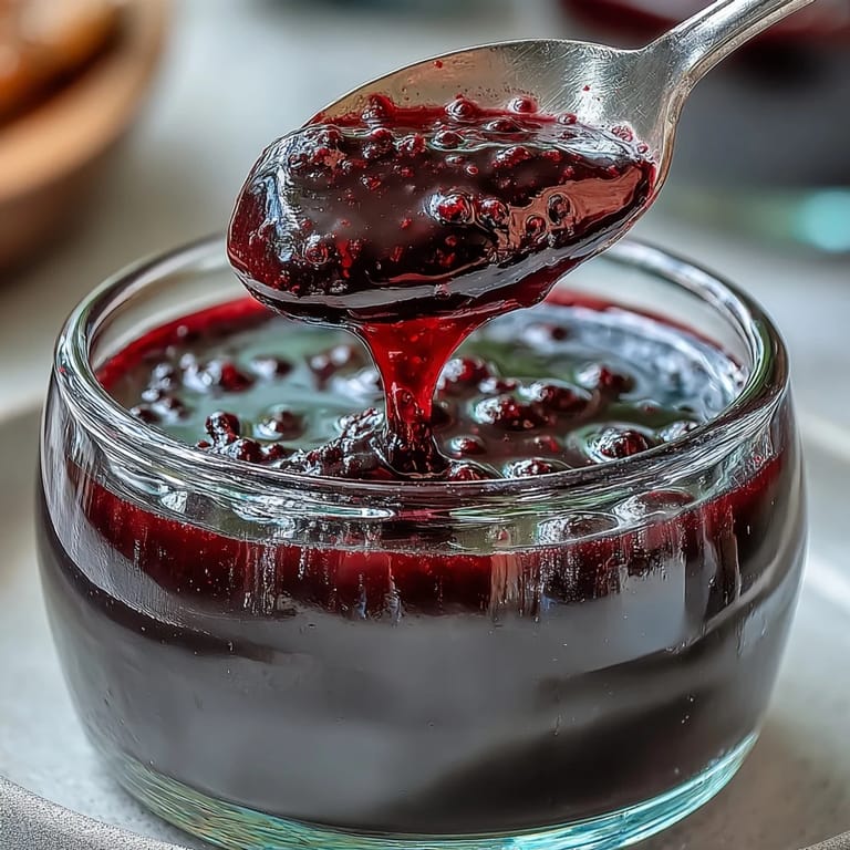 A close-up of Black Currant Panna Cotta reveals a glossy berry glaze drizzled over the creamy Italian custard.  