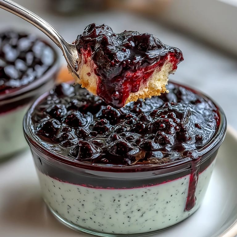 Elegant Black Currant Panna Cotta served with fresh berries, perfect for a sophisticated summer gathering dessert.