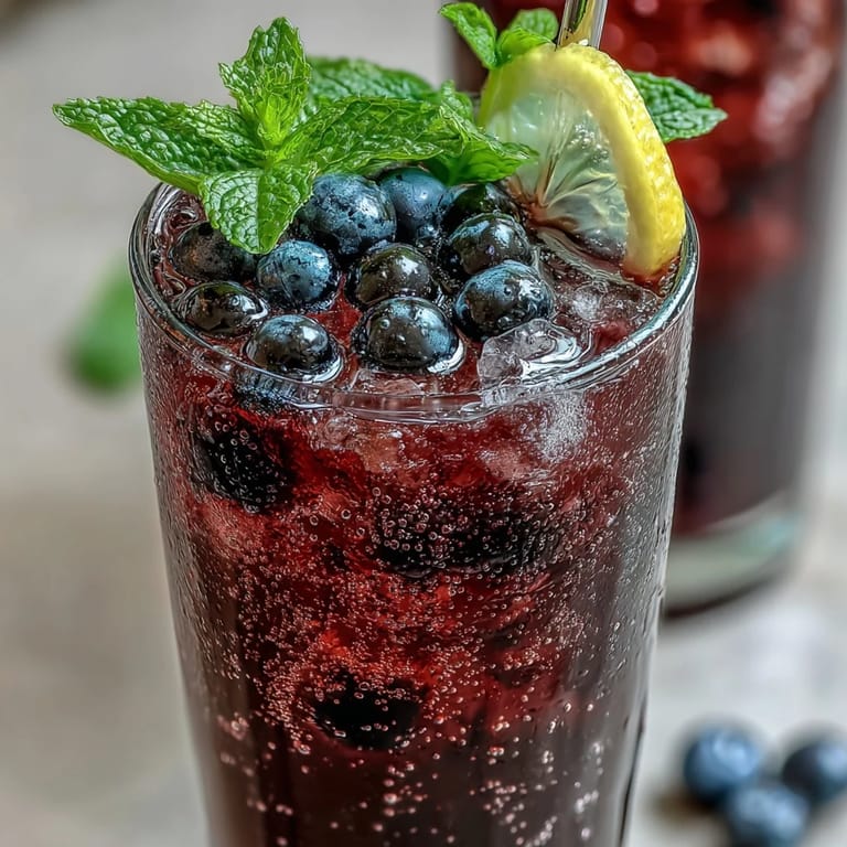 Creamy, frosty Black Currant It Berry Celebration Drink smoothie topped with banana slices and ready to sip.