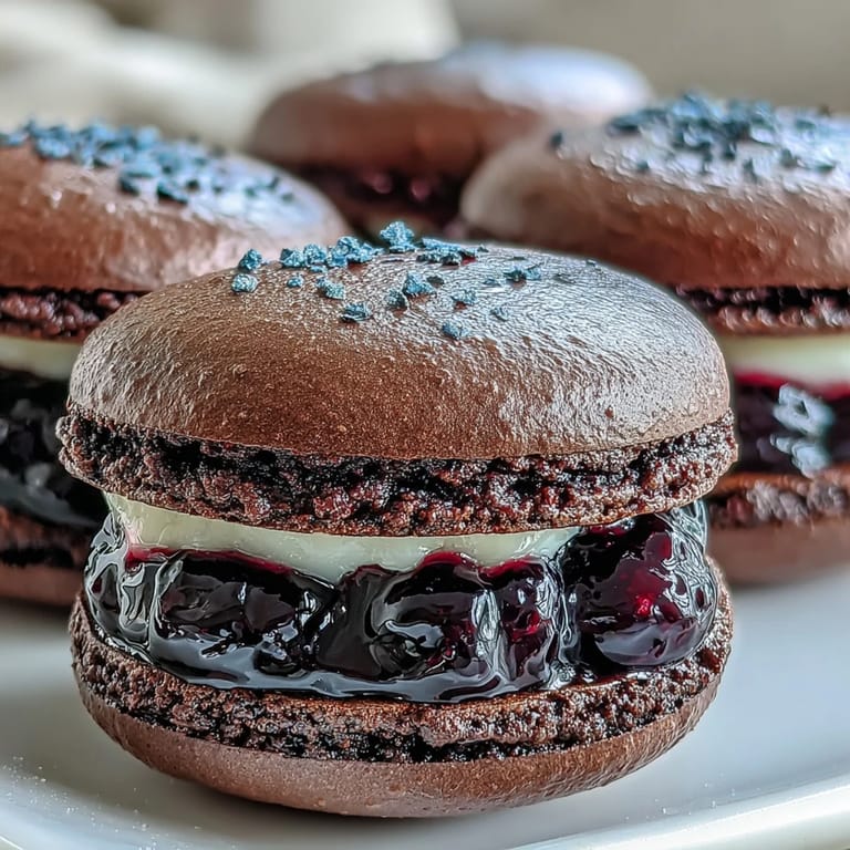 Freshly baked gluten-free Black Currant Macarons with crisp shells, paired with a rich and vibrant purple berry ganache center.