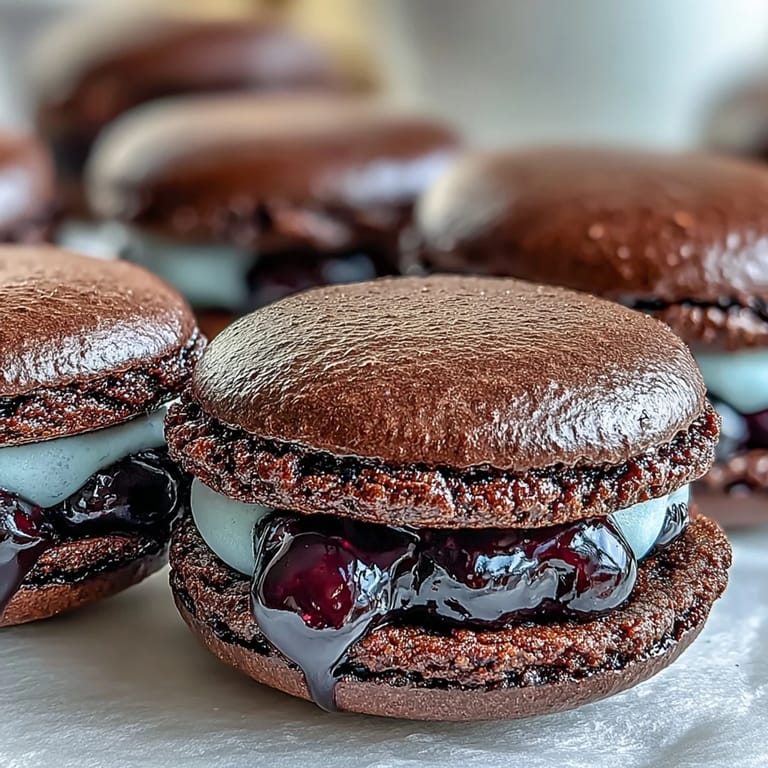Delicate French almond meringue cookies featuring a tangy blackcurrant filling, perfect for teatime or a festive dessert spread.  