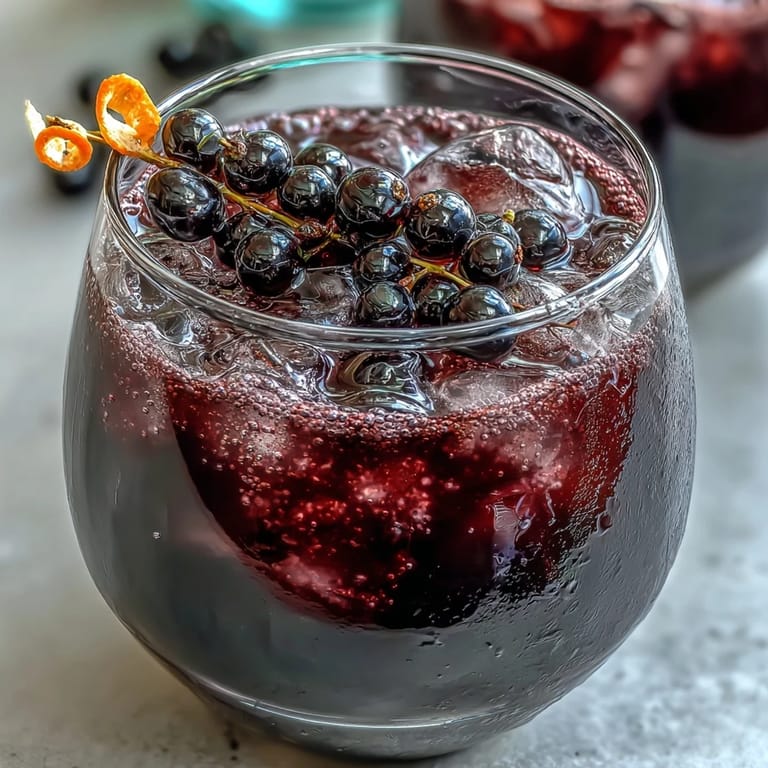 Two glasses of the vibrant Black Currant and Cassis Cocktail, filled with a deep ruby liquid and glistening ice cubes, ready to serve.