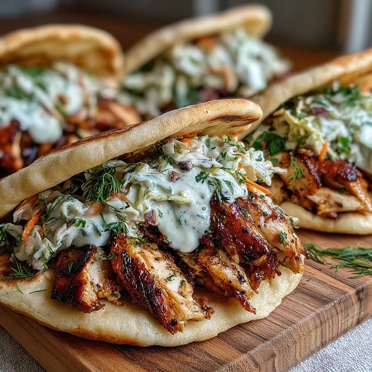 Serving suggestion for juicy Mediterranean chicken pitas filled with crunchy ranch slaw, perfect for an easy weeknight dinner.