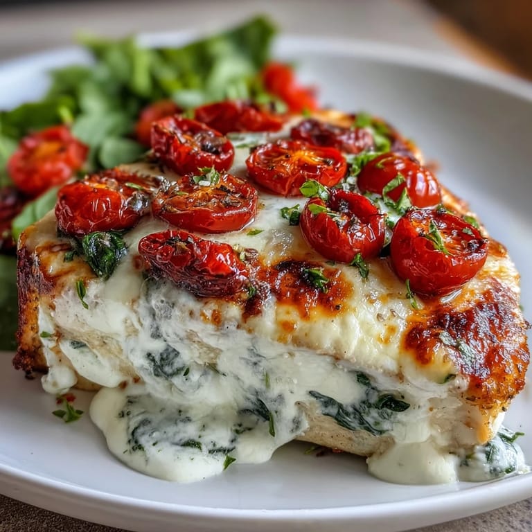 High Protein Chicken Bake fresh from the oven, bubbling golden cheese and spinach on tender chicken breasts.