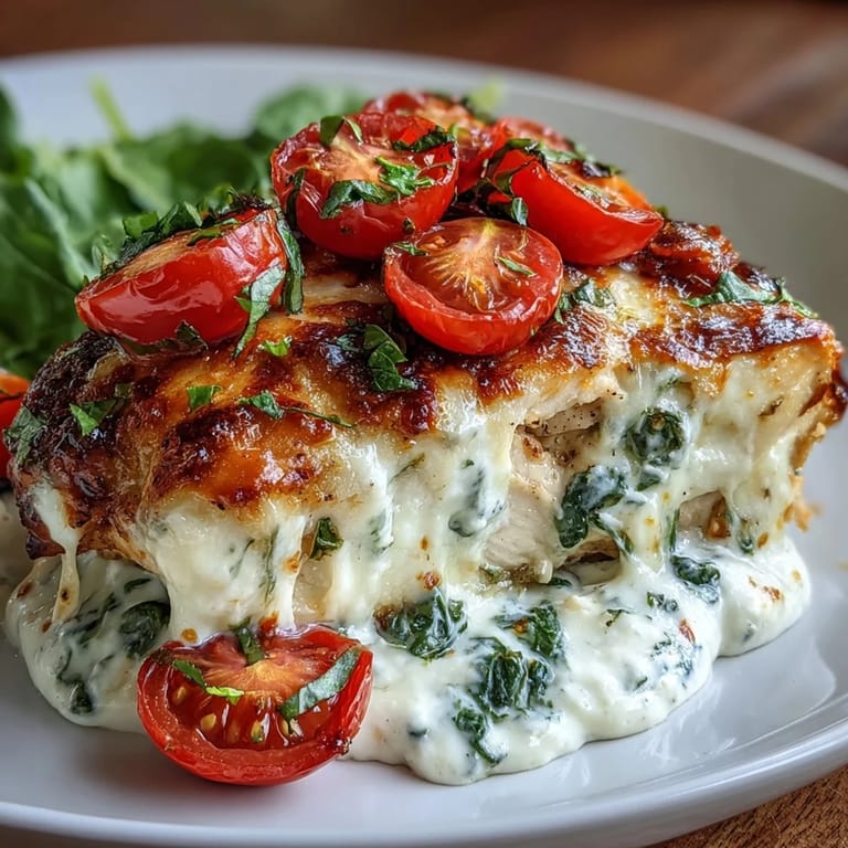 Sliced High Protein Chicken Bake next to a fork, showing layered Greek yogurt, spinach, and tomatoes.