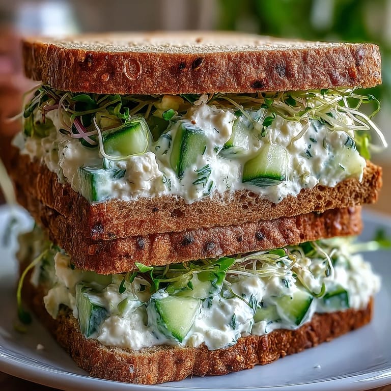 A close-up view of the Easy Cucumber Salad Sandwiches, showing vibrant diced cucumbers and a thick, creamy Greek yogurt and feta spread.