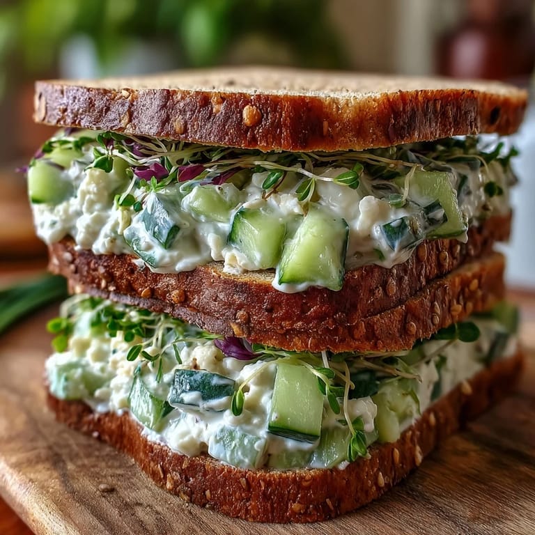 Stacked Easy Cucumber Salad Sandwiches with red onion and alfalfa sprouts, perfect for a light vegetarian lunch or afternoon tea.